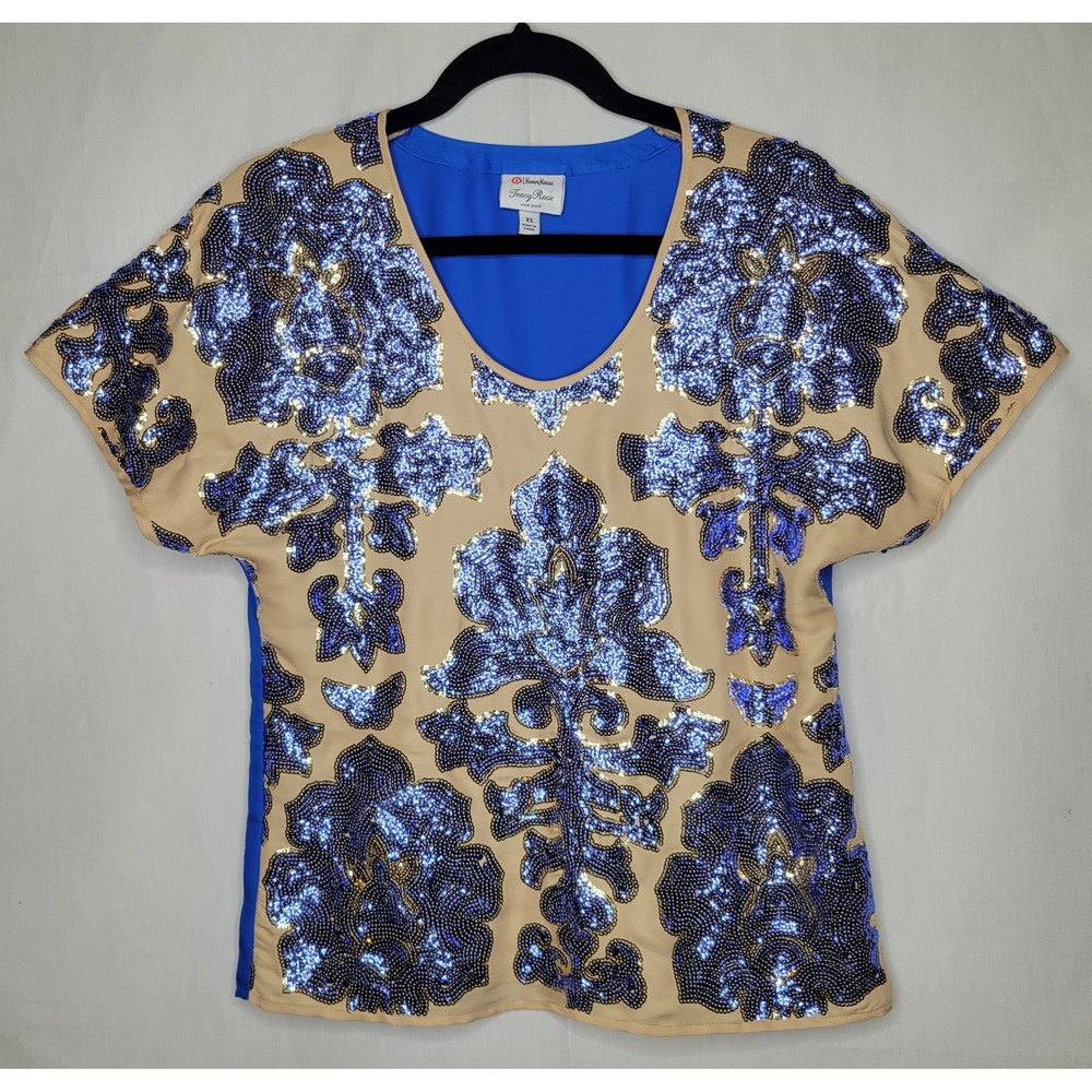 Tracy Reese Neiman Marcus Target‎ ~ Blue/Gold Sequin Damask Blouse Top